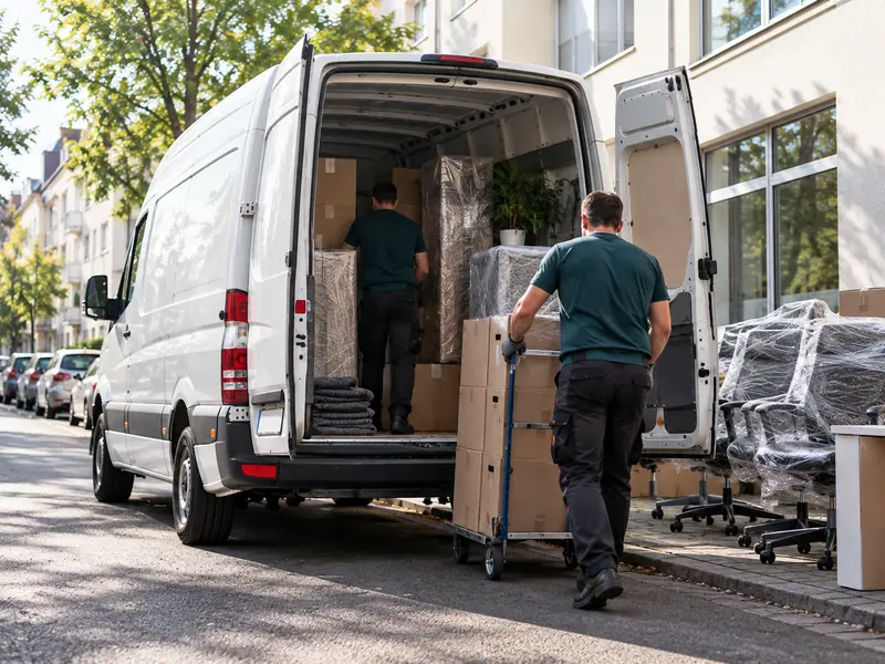 Firmenumzug Leverkusen: Kartons und Bürostühle werden in Transporter geladen