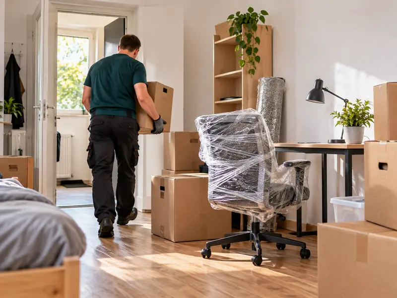 Kleinumzug Leverkusen: Umzugshelfer trägt Karton aus einem WG-Zimmer