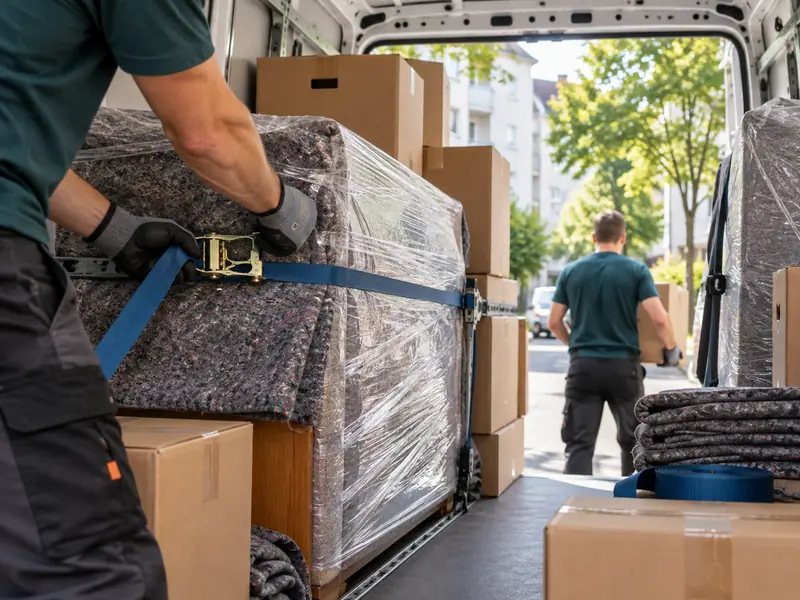 Möbeltransport Leverkusen: Möbel werden im Transporter mit Spanngurt gesichert