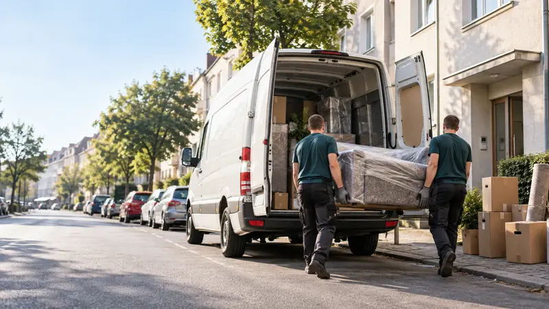 Umzug Leverkusen: Umzugshelfer laden ein Sofa in einen weißen Transporter vor einem Wohnhaus