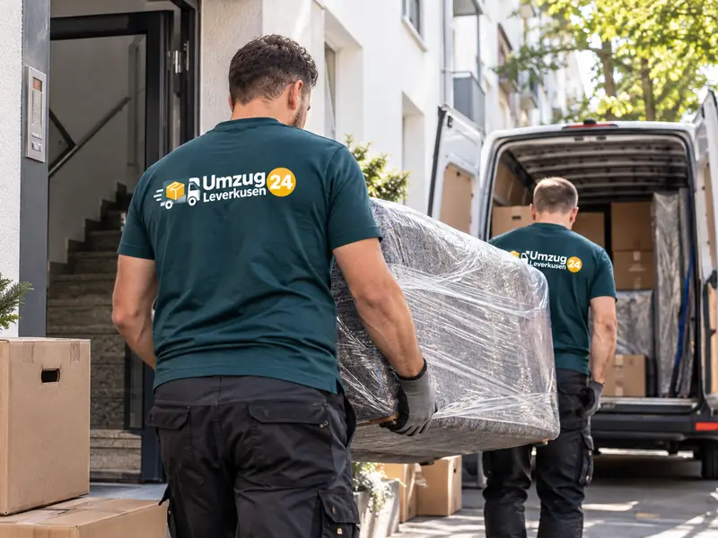 Umzugshelfer Leverkusen tragen ein Sofa zum Transporter